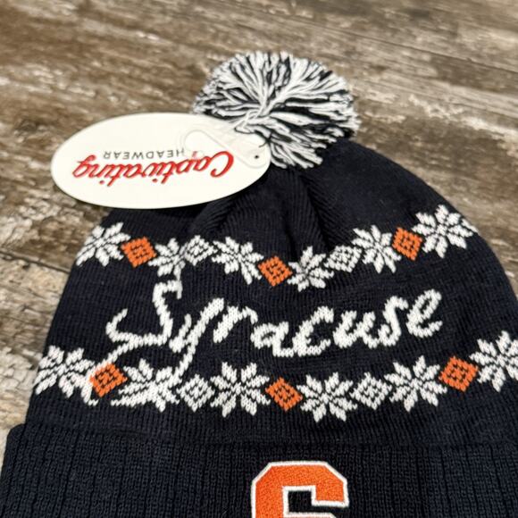 Syracuse Orange "S" Snowflake‎ Knit Pom Pom Beanie Hat Navy Fair Isle Cozy NEW - Picture 4 of 9